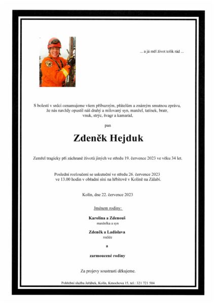 Poslední rozloučení ze zemřelým hasičem Zdeňkem Hejdukem se uskuteční ve středu. Foto: FB