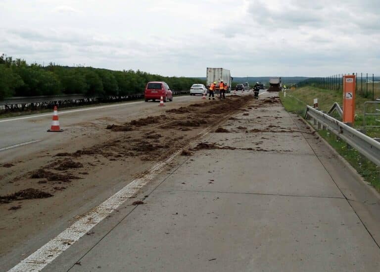 Hnůj se vysypal v pondělí odpoledne na dálnici D11. Foto: HSK KHK