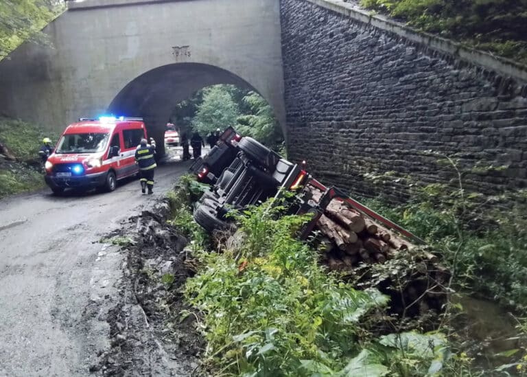 Kamion naložený dřevem se převrátil ve čtvrtek odpoledne u Branné. Foto: HZS