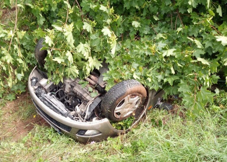 Auto na střeše v křoví skončilo u silnici I/37 na Trutnovsku. Foto: HZS KHK