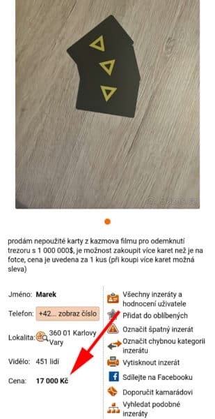 Kazmova karta na internetu za 17 tisíc. Zdroj: Bazoš