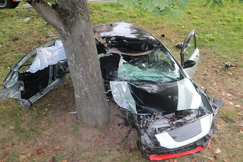 Řidič v Malšovicích u Hradce Králové rozpáral auto o strom. Foto: HZS