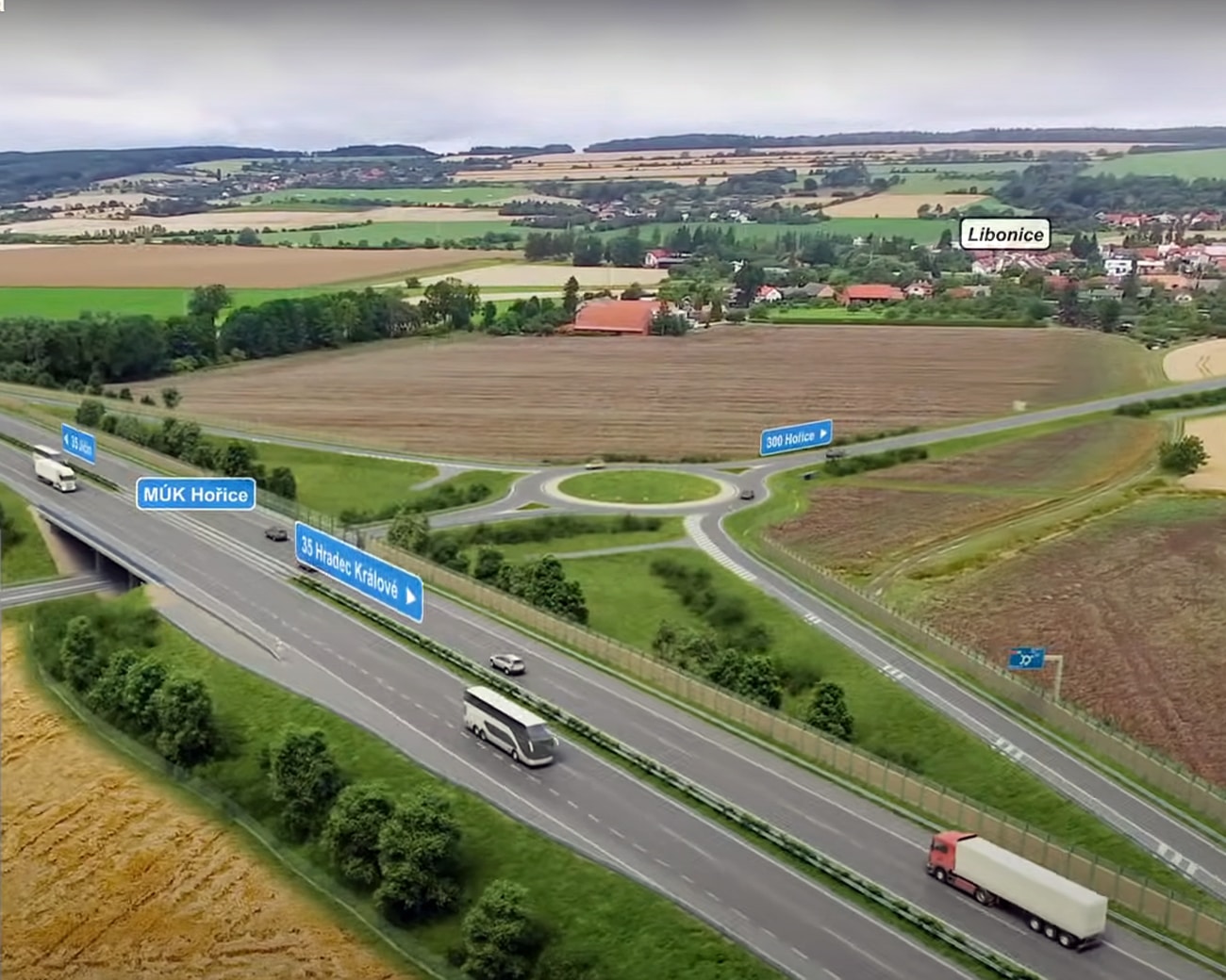 Vizualizace budoucí dálnice D35 mezi Hradcem Králové a Jičínem. Zdroj: ŘSD