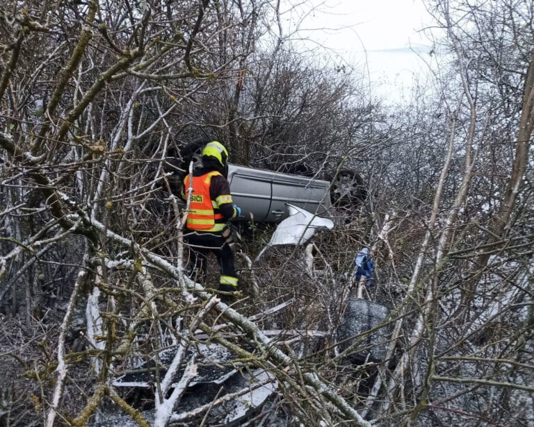 U Hluku na Uherskohradišťsku vyletěla řidička ze silnice, její auto skončilo na střeše v křoví. Foto: HZS