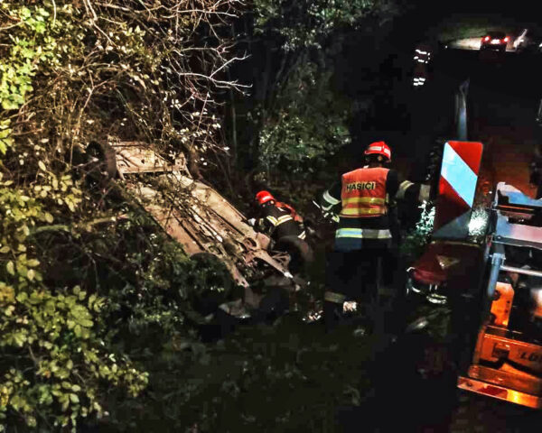 83letý řidič i jeho spolujezdkyně skončili s autem v potoce u Rousínova. Foto: HZS
