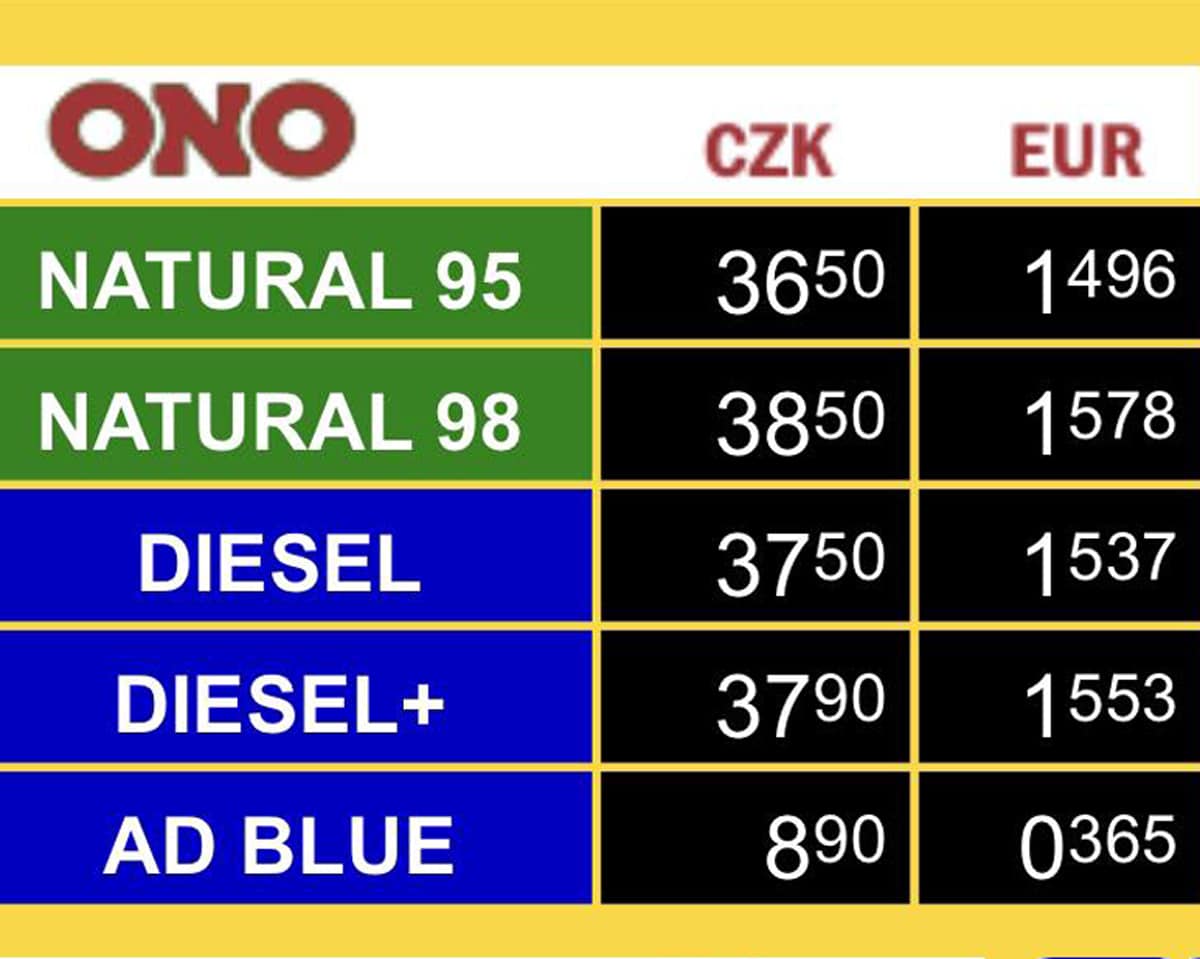 Ceny paliv na Tank ONO ve čtvrtek 9. listopadu. Zdroj: ONO