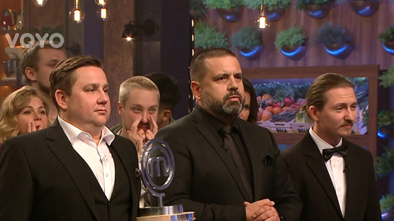 Jen Punšochář, Radek Kašpárek a Přemek Forejt oznámí vítěze MasterChef 2023. Zdroj: Voyo