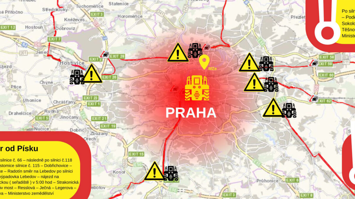 Mapa jízdy zemědělců na protest do Prahy.