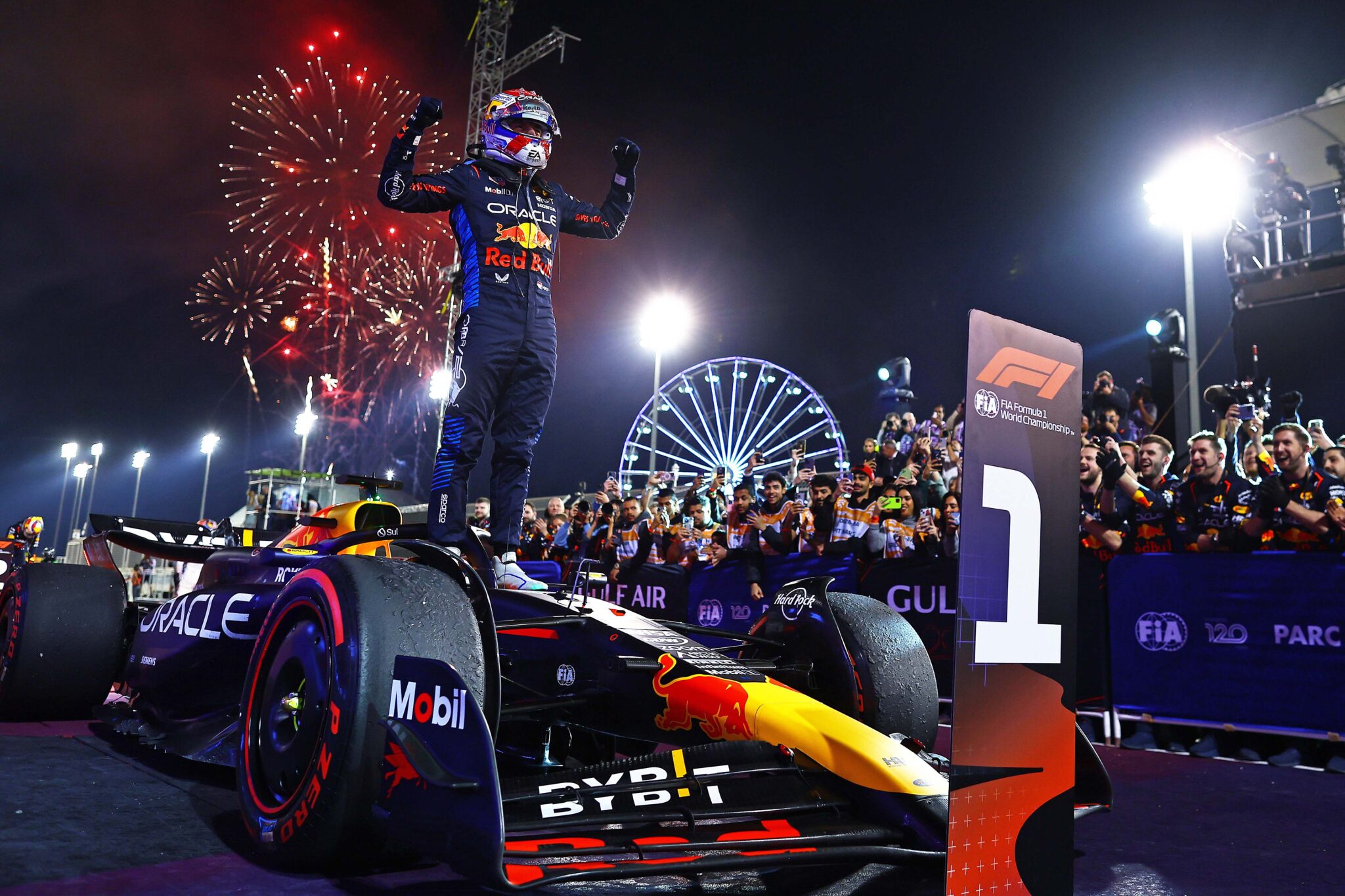 BAHRAIN, BAHRAIN - MARCH 02: Race winner Max Verstappen of the Netherlands and Oracle Red Bull Racing celebrates in parc ferme during the F1 Grand Prix of Bahrain at Bahrain International Circuit on March 02, 2024 in Bahrain, Bahrain. (Photo by Mark Thompson/Getty Images) // Getty Images / Red Bull Content Pool // SI202403020445 // Usage for editorial use only //