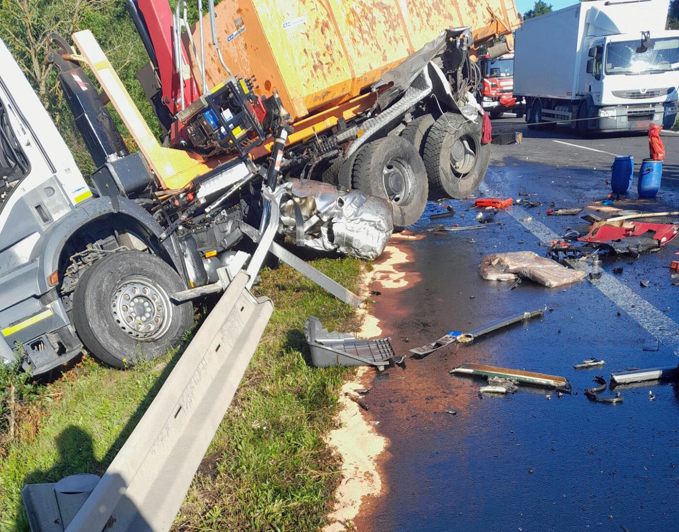 Vážná nehoda nákladních vozů na dálnici D7 u Knovíze. Foto: HZS