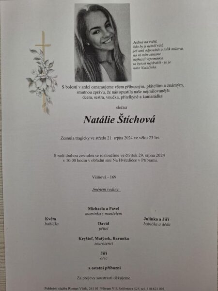 Při tragické nehodě zemřela příbramská gymnastka Natálka Štíchová.