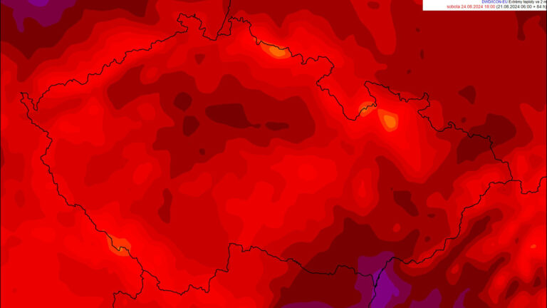 Očekávaná teplotní mapa na sobotní večer. Zdroj: CHMÚ