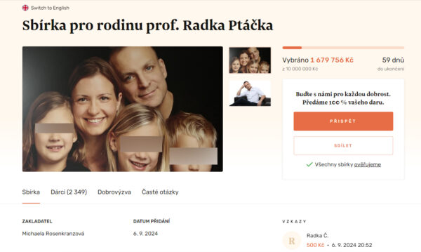 Na sbírku pro rodinu Radka Ptáčka lidé poslali přes 1,6 milionu. Zdroj: Donio