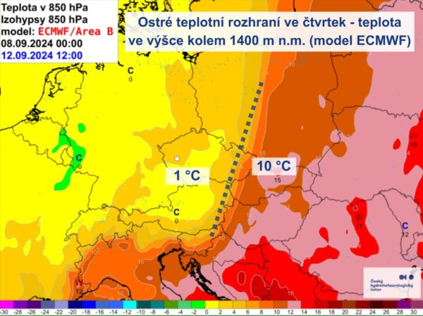 Ve čtvrtek ČR rozdělí teplotní rozhraní. Zdroj: CHMÚ