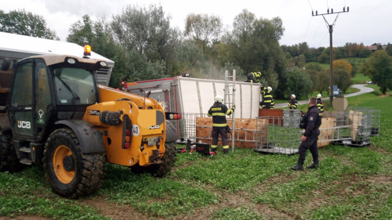 Nehoda kamionu s vepři u Záhornice u Opočna. Foto: HZS