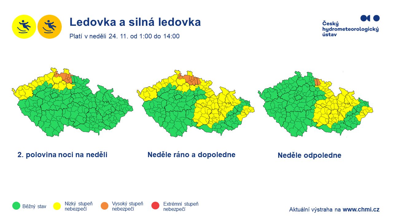 Výstraha před ledovkou na silnicích. Zdroj: CHMÚ