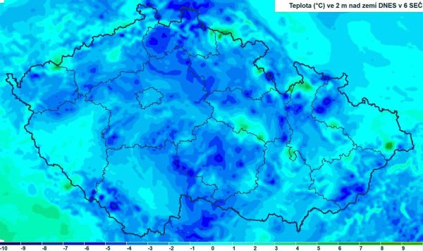 Teploty v neděli v 6 hodin ráno. Zdroj: CHMÚ