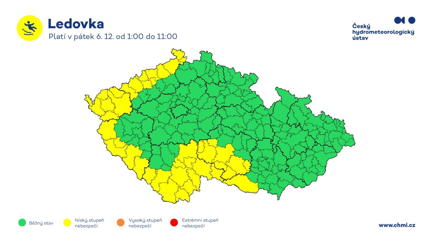 Žlutě vyznačené riziko ledovky. Zdroj: CHMÚ