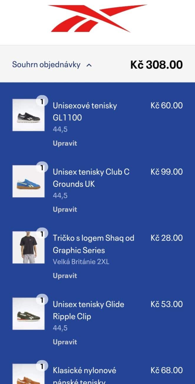 Obsah našeho nákupního košíku na eshopu Reebok.