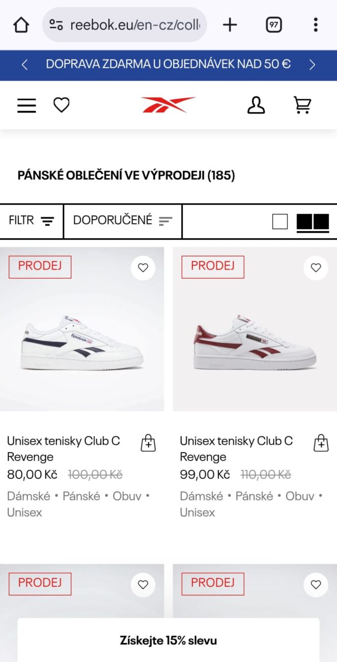 Drahý omyl značky Reebok - ceny místo v eurech v korunách.