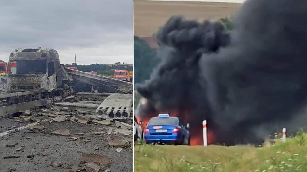 Nehoda a požár kamionu na dálnici D3. Foto: PČR
