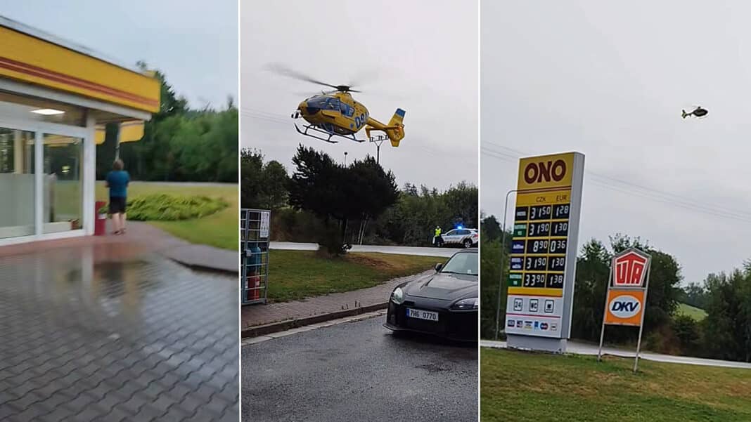 Na čerpací stanici Tank ONO v Trutnově přistával vrtulník. Zdroj: Lenka Nováková