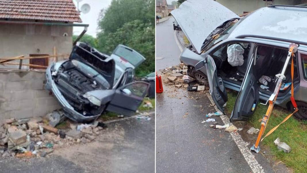Řidič Octavie v Radimi narazil do betonové zdi. Foto: HZS