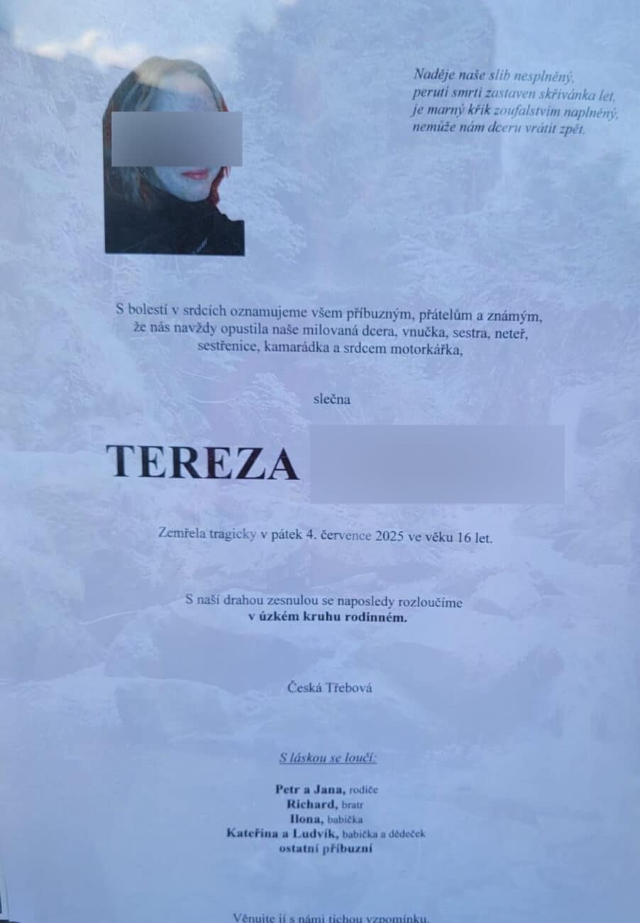 Parte Terezky, která při nehodě zemřela.