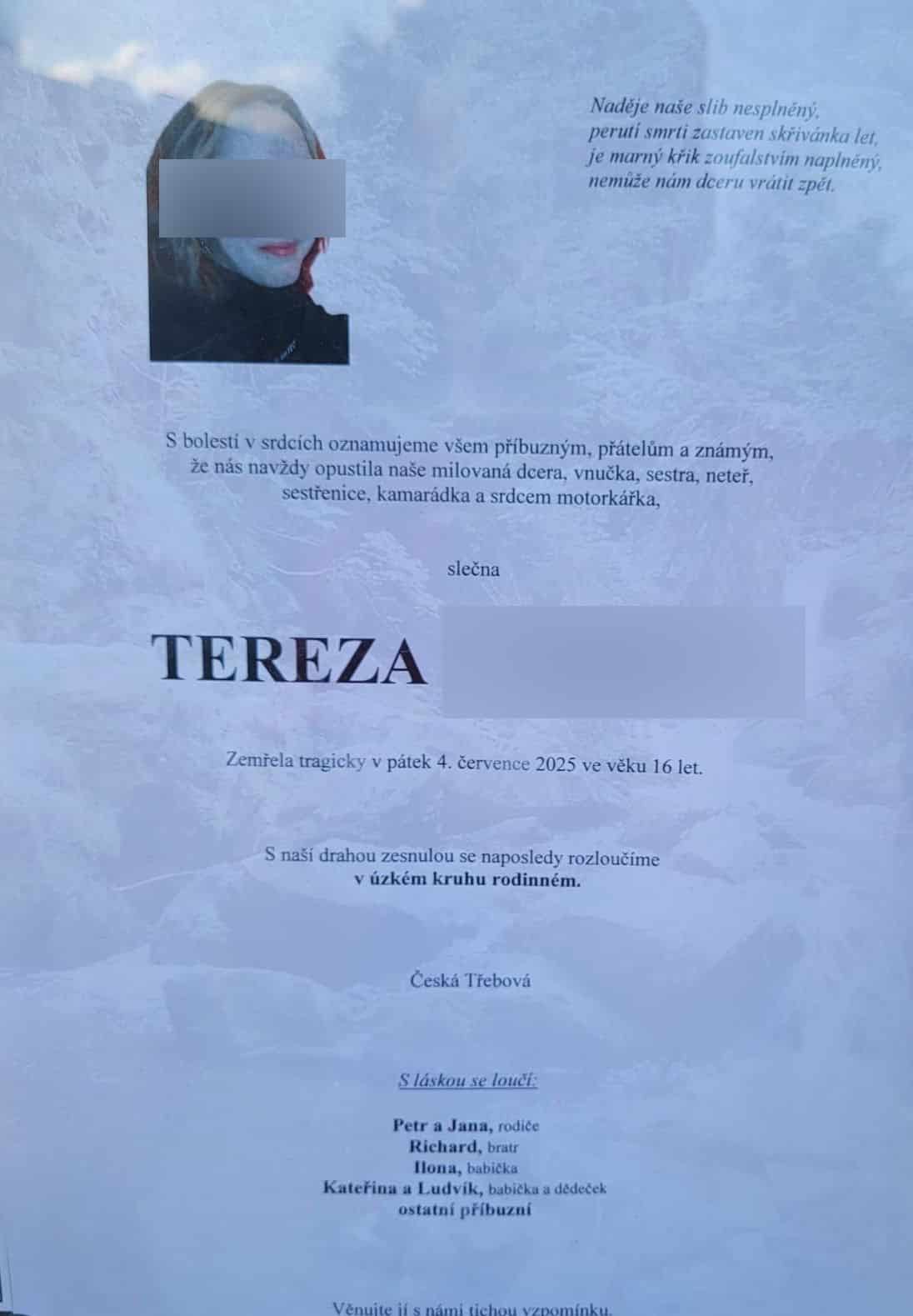 Parte Terezky, která při nehodě zemřela.