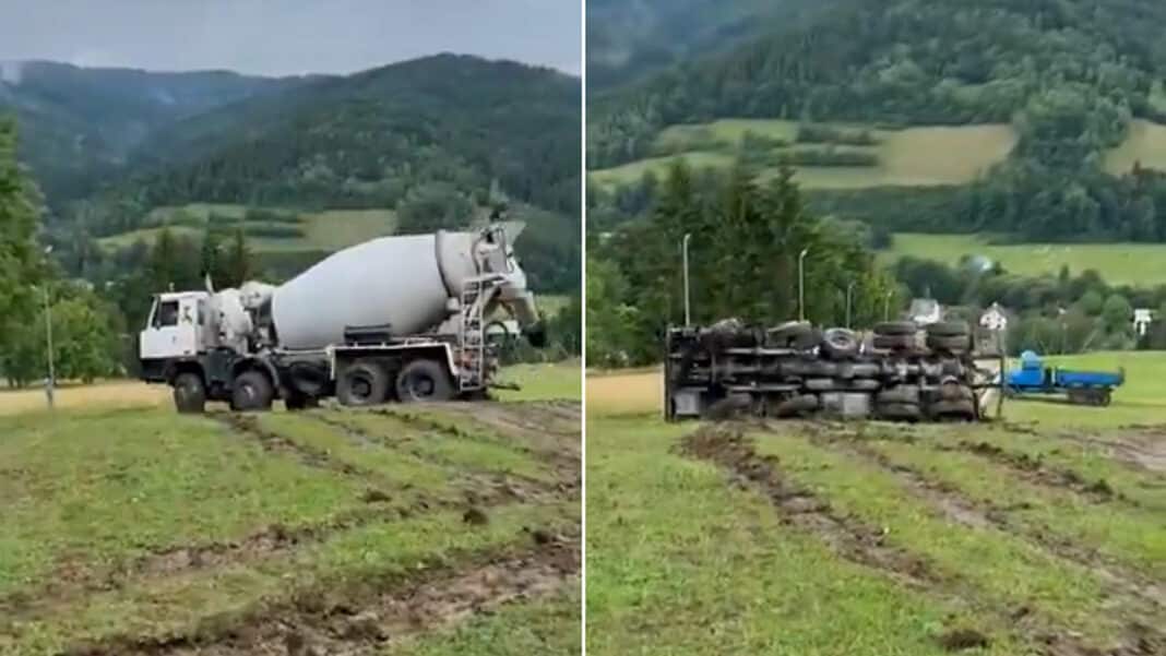 V Karolince se převrátil domíchávač betonu. Zdroj: x/venkovankaJanka