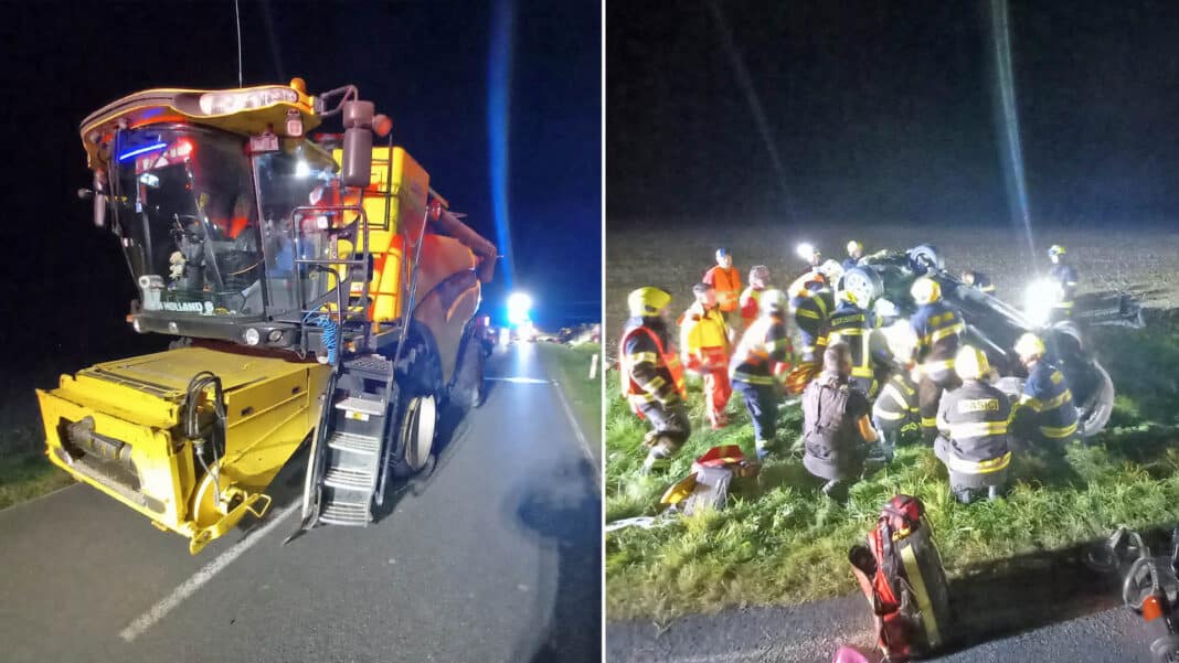 Vážná nehoda Fabie a kombajnu u obce Dolní Přím. Foto: HZS