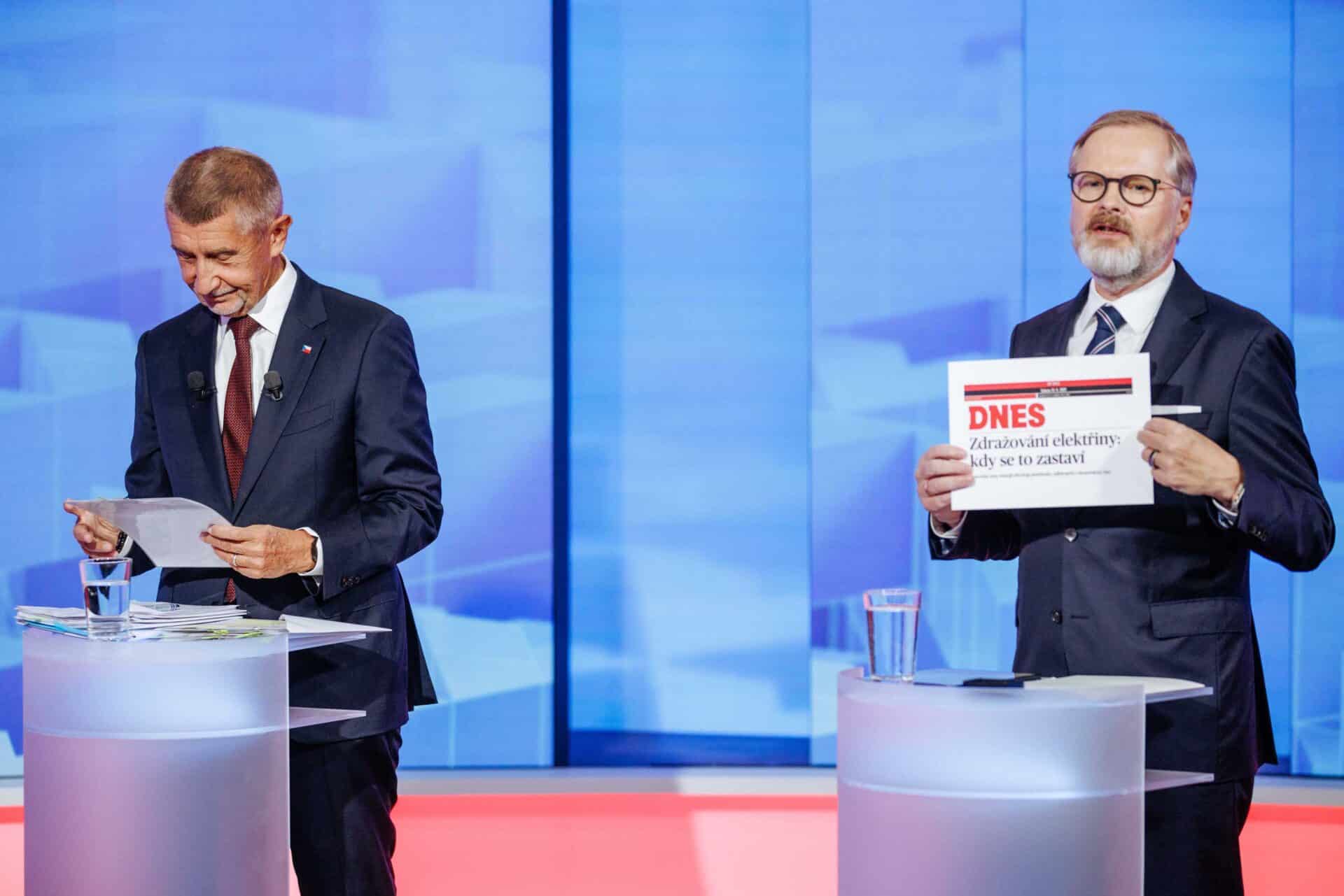 Andrej Babiš a Petr Fiala v posledním duelu na TV Nova. Foto: Nova