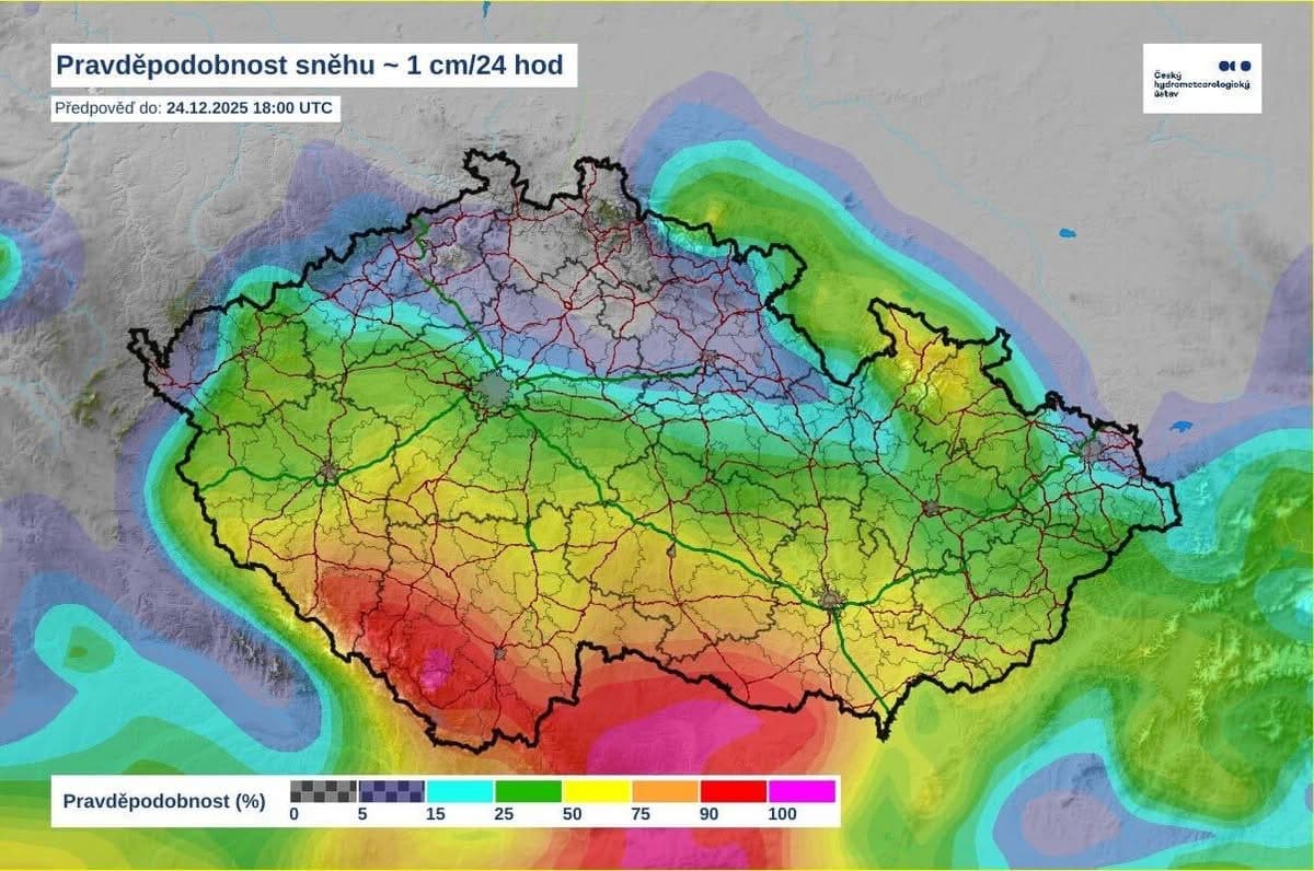 Předpověď: Kde by mohlo alespoň trochu sněžit. Zdroj: ČHMÚ